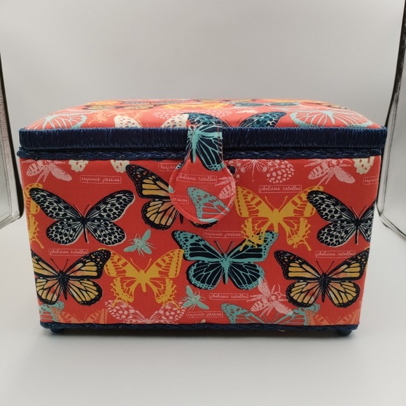 Large Butterfly Sewing Kit Storage Box - Red & Blue Fabric - Removable Organizer - Picture 2 of 15